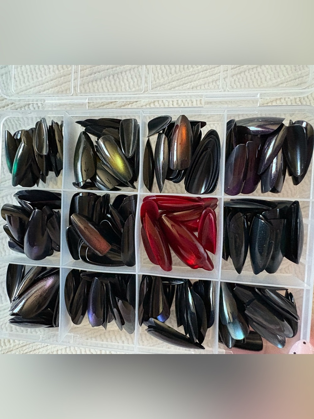 12 sets of 24 Red, Purple Green Press on Nails Cat Eye Color Almond Stiletto